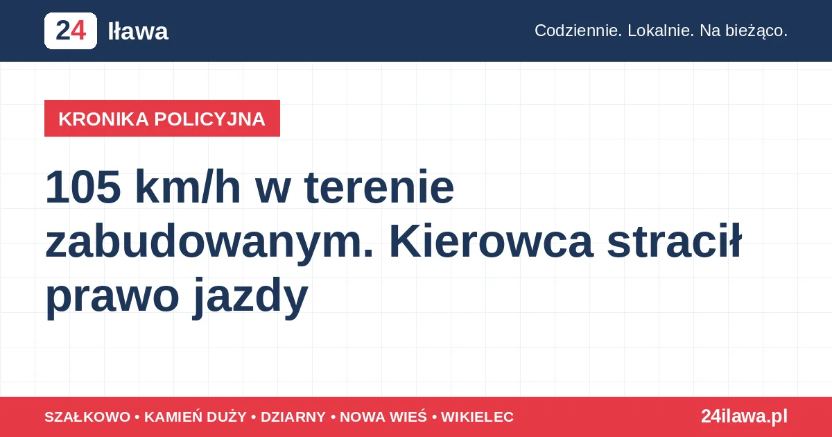 Ilustracja materiału: 105 km/h w terenie zabudowanym. Kierowca stracił prawo jazdy | Kronika Policyjna 24 Iława